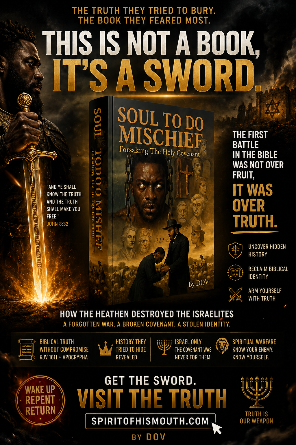 Soul To Do Mischief promotional landing mockup — warrior with flaming sword and book cover on a cinematic battlefield